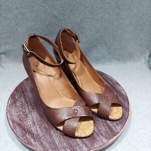 Lucky Brand Tan Cork Wedge Platform Sandals Size 9.5M with paisley print